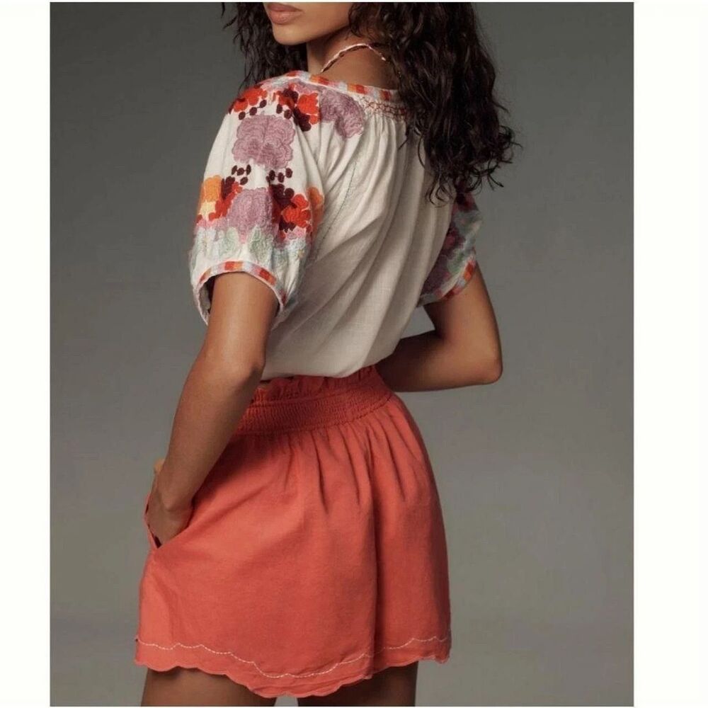 By Anthropologie Linen Double Waistband Shorts Pull-On Smocked Ruffle XXS 289000 - Picture 2 of 2
